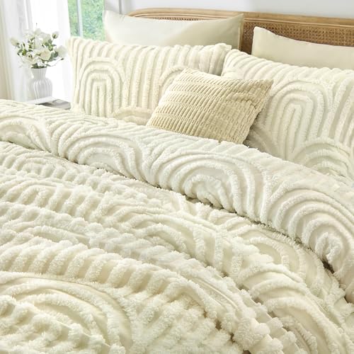 Image of Nesker Boho Queen Comforter Set, 7 Pcs Tufted Beige Bedding Sets, Soft Cozy Chic Bed in a Bag, Arch Pattern Shabby Bed Set All Season with Comforter, Fitted Sheet, Flat Sheet & Pillowcases
