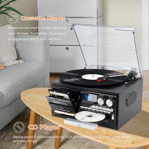 Vintage 9-in-1 Record Player Turntable with Bluetooth, AM/FM Radio, CD & Cassette Player, USB/SD Playback, Remote Control, Aux & RCA Inputs, Headphone Jack – Classic Audio System for Music Lovers - Thumbnail 7