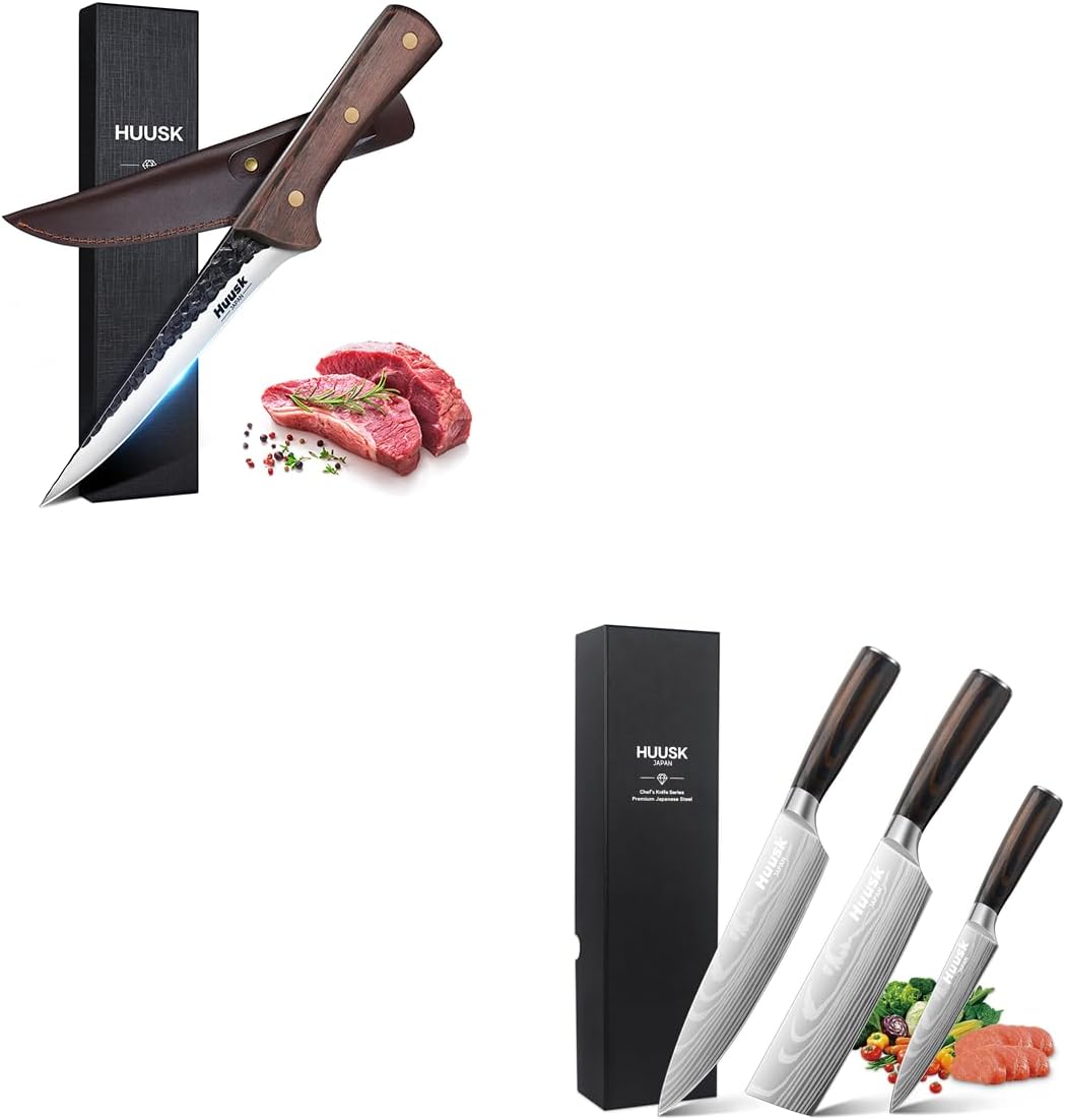 Huusk Japanese Chef Knife Set Professional Kitchen Knife Set Bundle With Boning Knife for Meat Cutting 5.5 Inch with Gift Box
