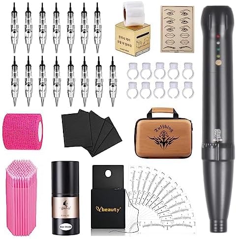 Permanent Eyebrow Makeup Wired Tattoo Machine Kit Corded Tattoo Pen with 15pcs Mixed Cartridges Needles for Shading Eyeliner Lip Microshading (Black)