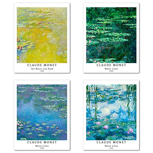 Berkin Arts Stampe da Parete Fiori Senza Cornice, Set di 4 Poster, Carta artistici di alta qualità Taglia: 20X25 cm, Artistica Famoso Dipinto Verde per camera da letto Claude Monet Painting