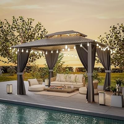 LVUYOYO 10'X12' Hardtop Gazebo, Aluminum Frame Canopy with Double Galvanized Steel Roof, Permanent Pavilion with Netting & Curtains, Outdoor Metal Gazebo for Garden, Lawn, Backyard, Deck (Dark Grey)