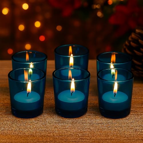 Image of Pure Source India Votive Glass- Pack of 6 | Decorative Tealight Holders with One Tea Light Candles for Home Decor, Diwali Decoration, Weeding Decor & Festive Lighting (Blue)