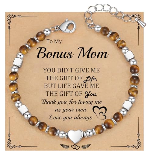 Image of Bonus Mom Gifts from Daughter Son, Nature Stone Beaded Bracelet Bonus Mom Mothers Day Gifts Birthday Jewelry Gift for Women Adoption Moms