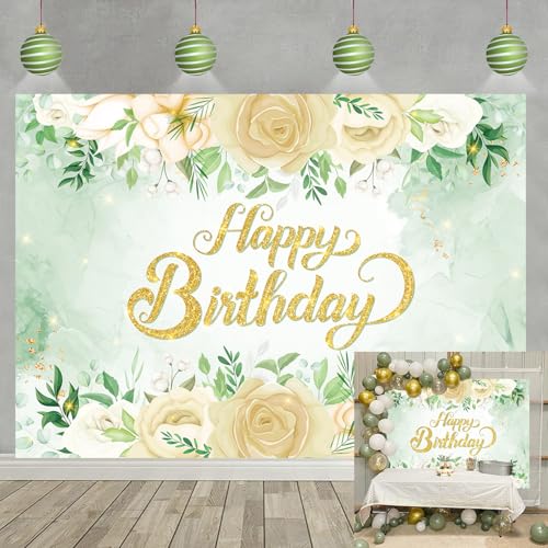 Toile de fond Happy Birthday vert sauge eucalyptus doré rose blanche pour photo anniversaire