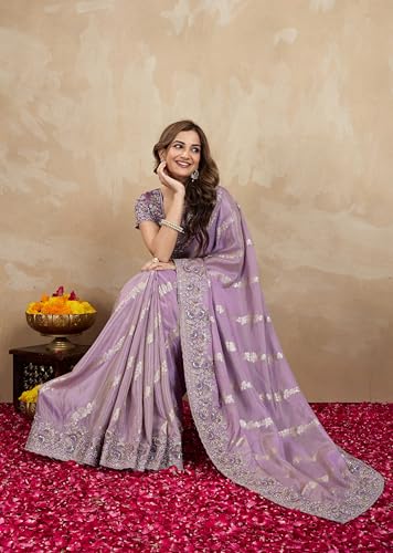 Image of TRENDMALLS Women's Jacquard Silk Embroidery Sequence Work Saree with Unstitched Blouse Piece