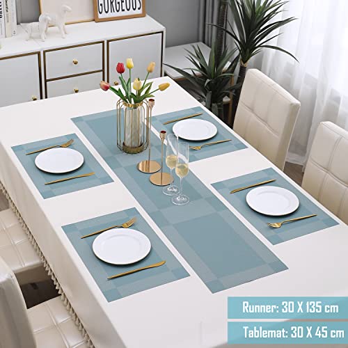 Image of HOKIPO Pvc Placemats With Table Runner For Dining Table 4 Seater (Ar3127), Blue