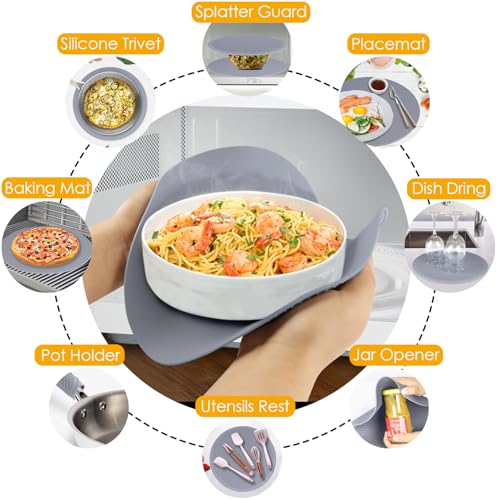 Image of 4 Pack 12 Inch Multi-Purpose Silicone Mat, As Drying Mat, Microwave Mat, Trivet, Pot Holder, Placemat, Utensils Rest, Pad for Hot Pans Plates Dishes Kitchen Countertop, Heat Resistant Mat, Light Gray