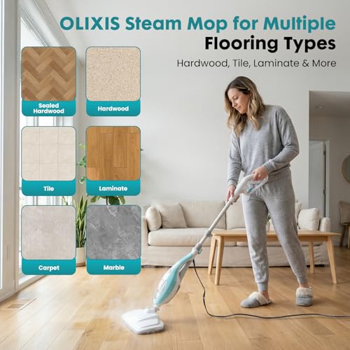 Image of OLIXIS 10 in 1 Steam Cleaner, Removable Handheld Steam Mop with 1550W for Floor Cleaning, 5m Cable, 2 Washable Ear Pads, Multifunction Wood Steamers