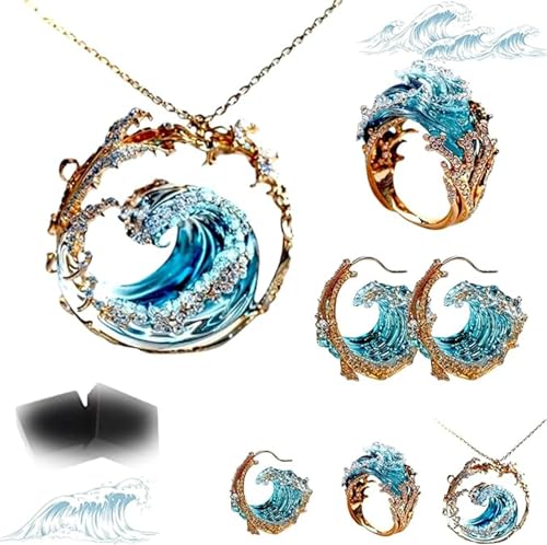 Generic 2024 New Ocean's Oath Necklace、rings、earrings, Blue Ocean Wave Design Jewelry for Women (1 Set)
