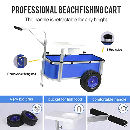 Aesraou Beach Fishing Cart With Big Rugged Wheels For Sand Heavy Duty Beach Wagon Outdoor Fishing Rolling Wheel Wagon (Blue) #TOP1