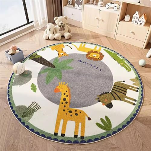 Image of Children Rug 3.3ft Round Animal Area Rugs Cartoon Giraffe Crocodile Lion Tiger Animal Forest Shaggy Carpet Soft Crawling Play Mat for Kids Toddlers Bedroom Classroom Nursery Room Kids Room Decor
