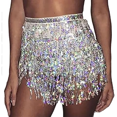 Wedity Belly Dance Skirt Hip Belt Sequin Tassel Skirt Hip Wrap Scarf Rave Music Festival Costume for Women Girls (Silver) Cover