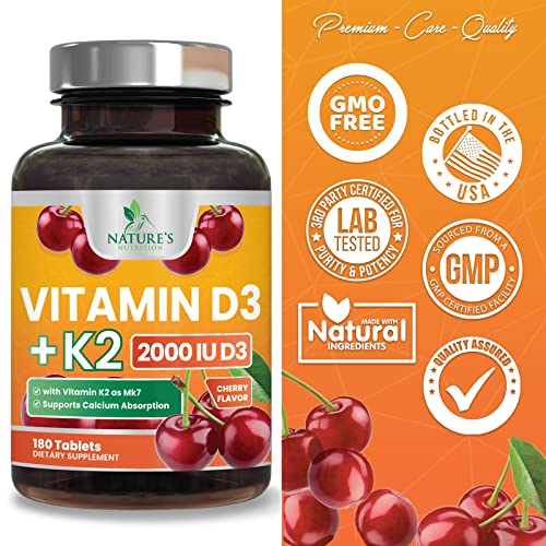 Vitamin D3 + K2 Supplement, 2 In 1 Formula With Mk-7 - High Potency Vitamin D & Vitamin K2 Mk7 Complex - Heart Health Support, Bone, Teeth & Immune Support, Non-Gmo - 180 Chewable Tablets #TOP3