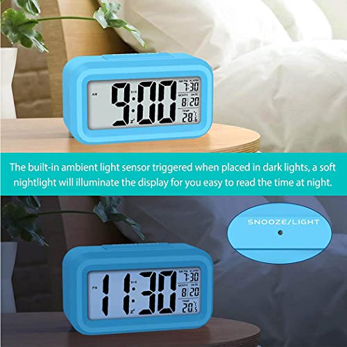 Image of Digital Alarm Clock, Battery Operated Alarm Clock with Date,Indoor Temperature,Smart Night Light, Easy Operation Electronic Clock for Bedrooms Home Kids-（Green）