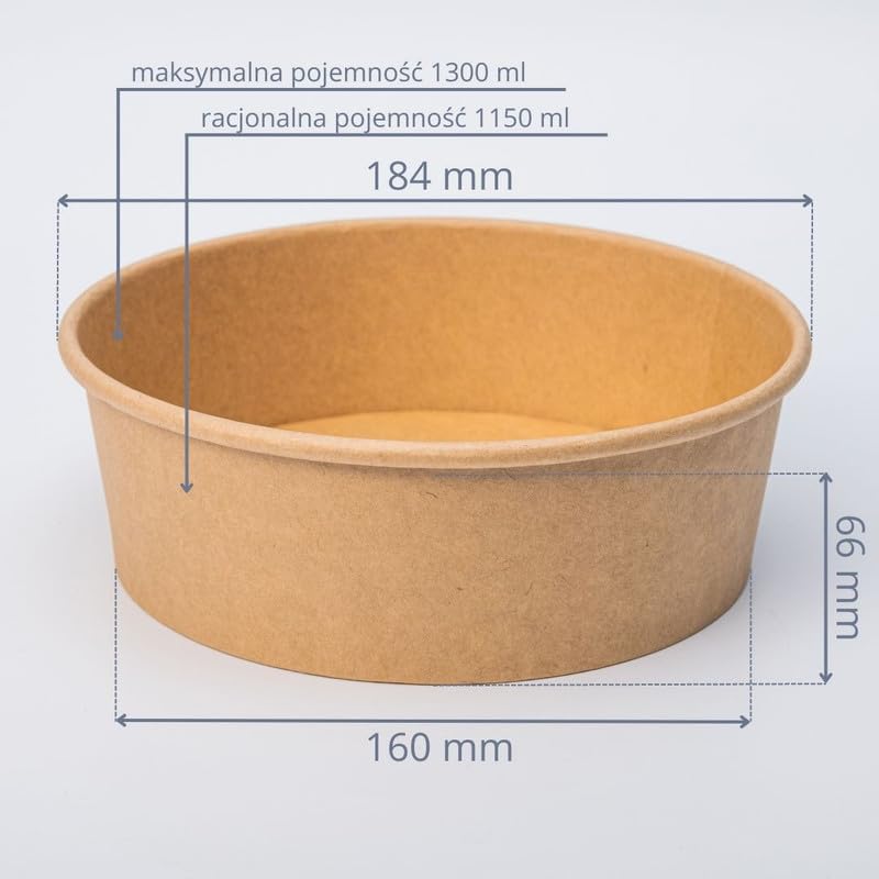 300 sztuk Kraftowych Misk na Sałatki 1300 ml | Jednorazowe Papierowe Pojemniki na Żywność do Sałatek, Zup, Lodów i na Wynos, Ekologiczne Biodegradowalne Miski