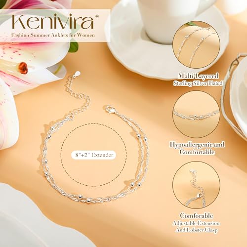 Image of Kenivira Sterling Silver Ankle Bracelets for Women,Gold Dainty Layered Waterproof Anklet for Women, Anklet Set Stackable Beach Gift Adjustable Size