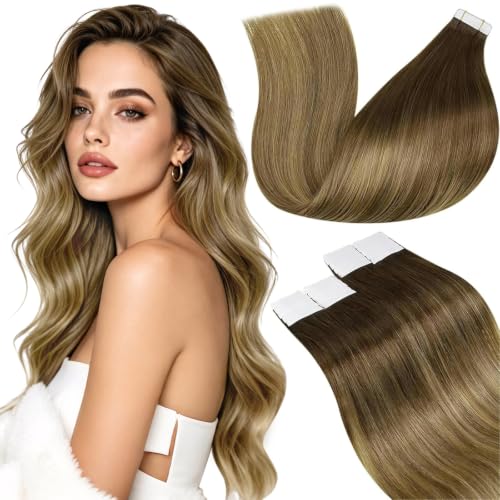 Image of LaaVoo Hair Extensions Tape in Human Hair Balayage Tape Hair Extensions Ombre Chestnut Brown to Light Brown Mix Golden Brown Tape in Extensions Human Hair Seamless 16inch 20pcs 50g