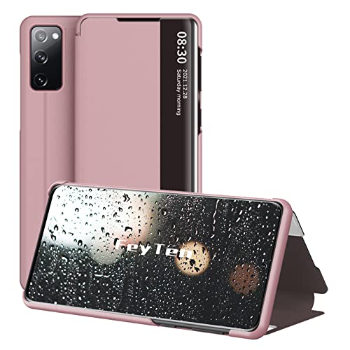 Feyten Coque pour Samsung Galaxy S20 FE avec Verre Trempé, Clear View Magnetique Étui à Rabat Étui Full Body Protecteur Housse Antichoc Anti-Rayure Flip Folio Stand Support Case Cover (Or Rose) Cover