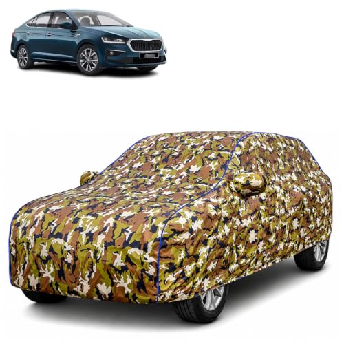 Image of Waterproof Car Body Cover for Skoda Slavia with Mirror Pocket| Cotton Inner Lining | Triple Stitched | All Weather Protection | Dust, UV & Rain Proof (Camouflage with Blue Piping)