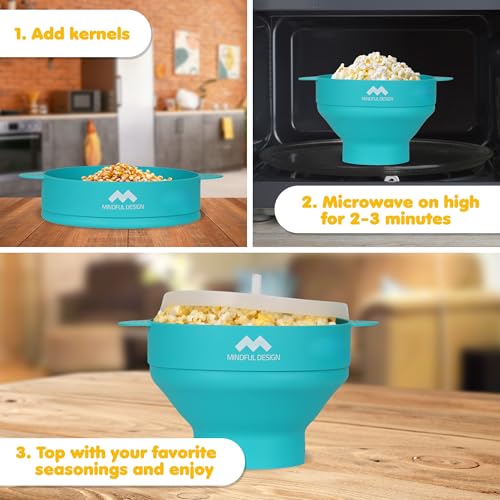 Image of The Original Mindful Design Collapsible Microwave Popcorn Popper - Silicone Bowl, BPA-Free & Dishwasher Safe (Cyan)
