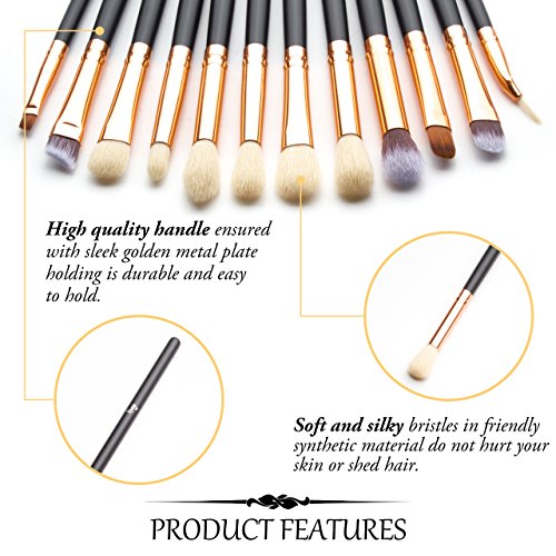 Qivange Eye Makeup Brushes Set, Synthetic Eyeshadow Brushes Eye Makeup Brush Set Cosmetics Brushes Concealer Eyebrow Eyeliner Eyeshadow Blending Brushes(12pcs, Black with Rose Gold)
