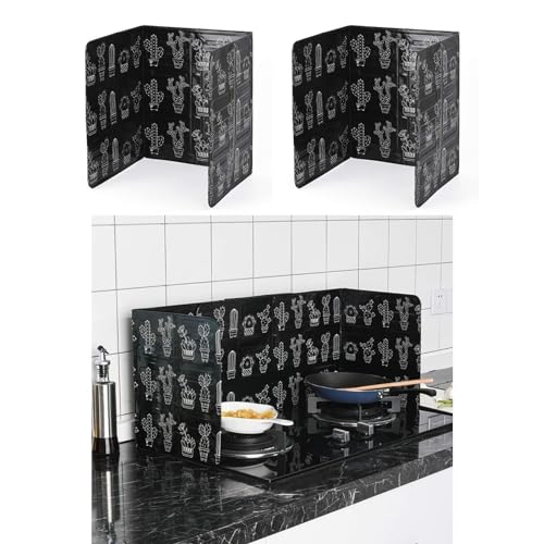 allbeschoi 油はねガード レンジガード 油はねガード 折り畳み式 お手入れ簡単 ストーブガード 油はねガード 油汚れ 水洗い 耐熱 アルミニウム 熱シールド レンジガード クックトップ撥油プレート 2個 (黒いサボテン)