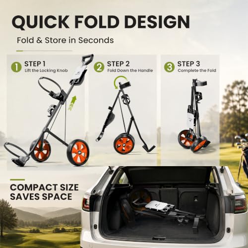 Image of 2-Wheel Golf Pull Cart - Lightweight Foldable Golf Push Cart with Durable Steel Frame, Adjustable Web Straps, Compact Design for Walking Golfers