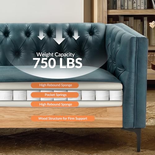 Image of HULALA HOME 84 inch W Faux Leather Sofa, Mid Century Modern Couch with Metal Legs and Button Tufted, 3 Seater Contemporary Upholstered Couches for Living Room, Entertainment Area, Apartment, Blue