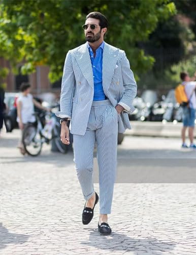 Seersucker Slim Suits for Men Casual Summer Beach Wedding Grooms 2 Piece Blazer Pants Party Striped Suit Sets2