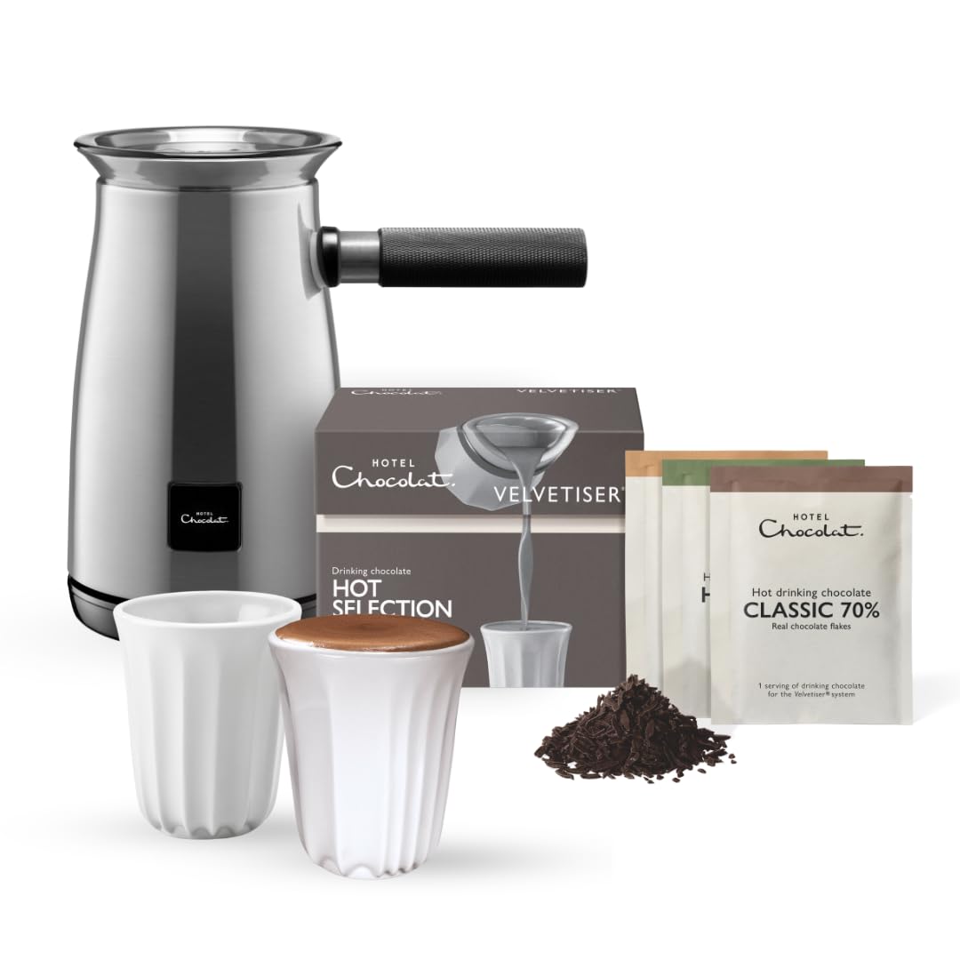 Hotel Chocolat Velvetiser - In-Home Hot Chocolate Machine - Barista-Grade Hot Chocolate Maker - Complete Starter Kit - White Edition - 2 Ceramic Podcups & 10 Single-Serve Sachets