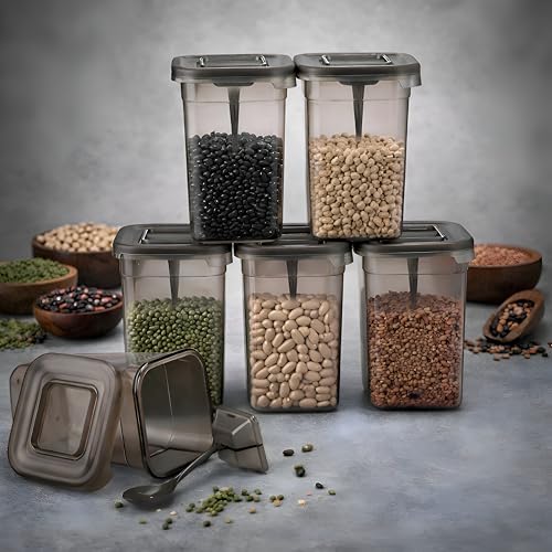 Image of HomeWiz Airtight Kitchen Storage Box 1100ml Pack of 6 with Spoon | Food Grade BPA-Free Kitchen Jars | Storage & Containers Set | Container Set for Pulses | Unbreakable Plastic Container Set|Multi-Use