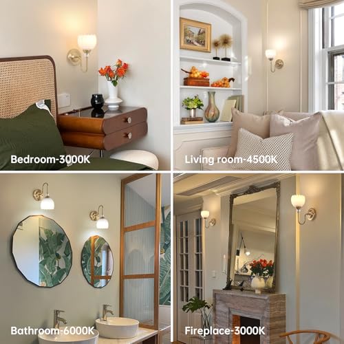 Image of Set of 2 Vintage Battery Operated Wall Sconce, Rechargeable Wall Lamp with 5000mAh Battery & Remote Control, Dimmable Wall Lights with tulip shade for Bedroom Bathroom Living Room, (Tulip White Up)