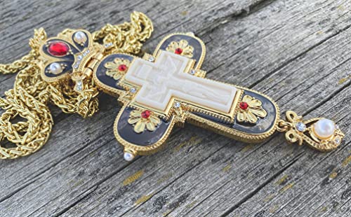 Nazareth Store Jesus Pectoral Cross Black Enamel Crystallized Red Stones Christian Priest Bishop Crucifix Pendant Necklace 24" in Gift Box3