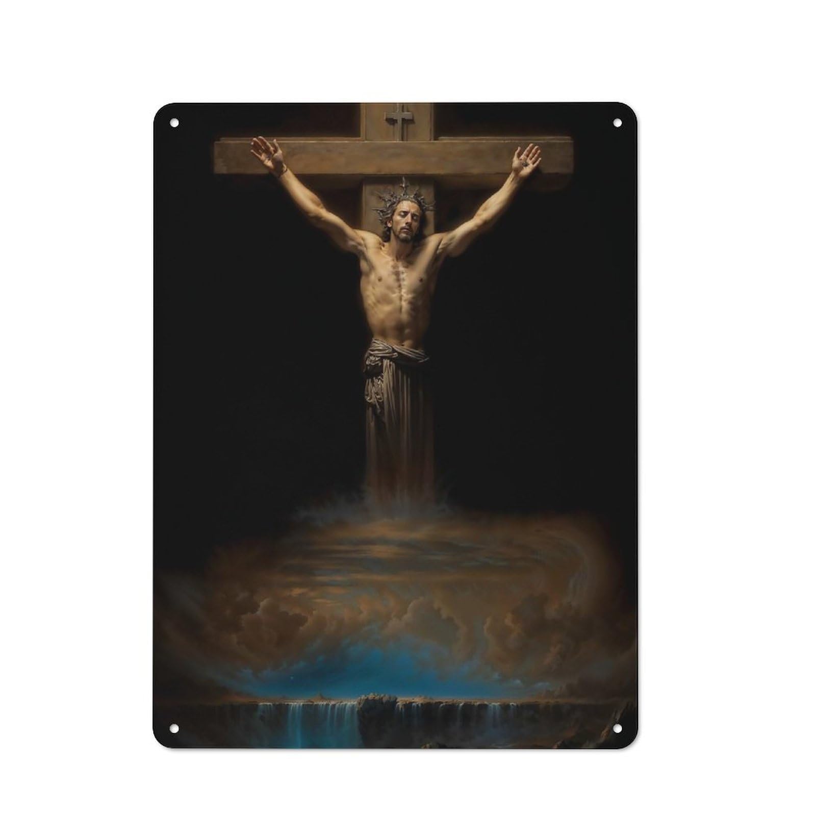 Classic Decorative Tin Plaque 40x30cm Featuring Crucifixion with Waterfall, Novelty Wall Art for Home, Shop, Pub Or Studio Wall