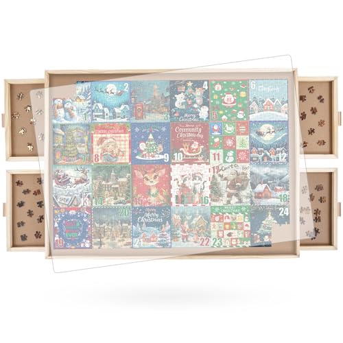All4Jig RH-2C2C-4D 1500 Piece Rotating Puzzle Board With Drawers And Cover,26"X35"Portable Wooden Jigsaw Puzzle Table cover
