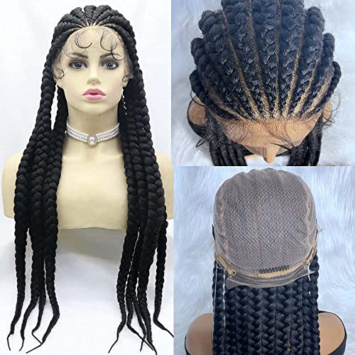 Xiweiya Wigs Black Braids Full Lace Braided Wigs For Women Jumbo Box9 Braids Synthetic Full Lace Wig With Baby Hair Lightweight Synthetic Hair Braids Cornrow Twisted Wig