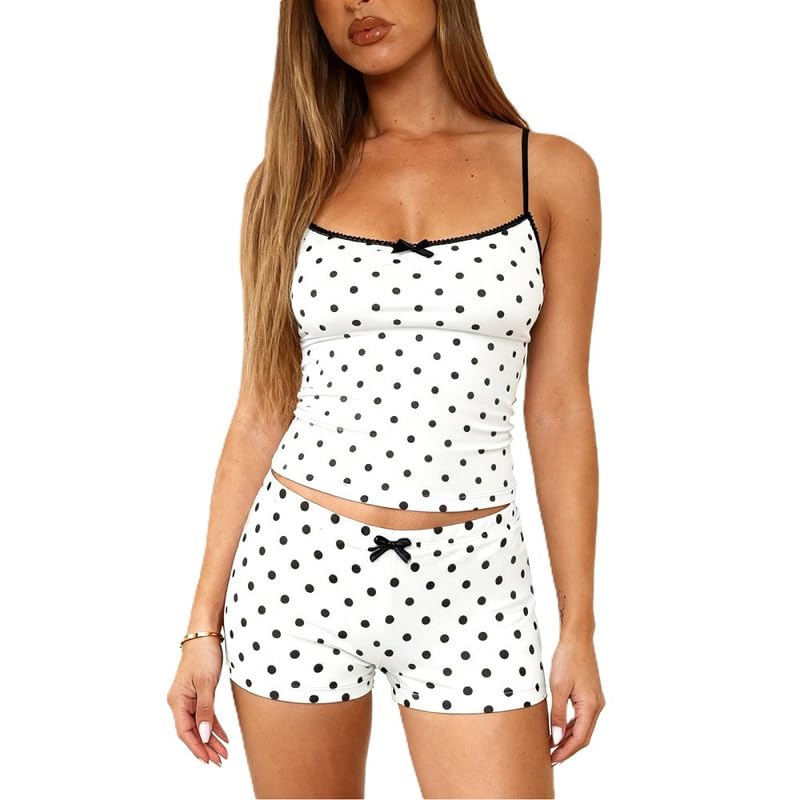 Image of Womens Y2K Cute Print Cami Pajama Sets Lace Trim V Neck Tank Top Shorts Set Bow Heart Print 2 Piece Sleepwear