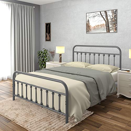Ambee21 Vintage Queen Metal Bed Frame With Headboard And Footboard Platform/Wrought Iron/Heavy Duty/Solid Sturdy Metal Slat/Rustic Gray Silver/No Box Spring Needed/Industrial & Farmhouse #TOP1