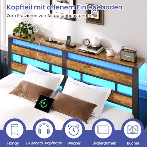 Bett 160x200 mit Lattenrost aus Metall, Doppelbett Bettgestell 160x200cm mit LED Beleuchtung und Ladestation (2 AC-Steckdosen, 1 USB-Anschluss und 1 Type-C-Anschluss) Metallbett mit Kopfteil – Bild 6