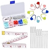 Kit de Herramientas para Tejer, 60 pcs Marcador de Puntadas, 9 Piezas 3 Tamaños de Agujas Romas para Ojos Grandes, Cinta Métrica de Tela, Conjunto de Herramientas de Tejer Para las Amantes de Tejer