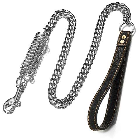 GZMZC Dog Chain Leash Dog Training Leash Heavy Duty Strong Chew Proof 15mm 3ft Chrome Stainless Steel Cuban Link Chain Labor-Saving Spring with Comfortable Leather Handle(Totally Length of 3FT) Cover