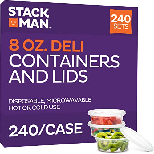 Stack Man Plastic Food Storage Deli Containers with Airtight Lids, 8 oz. (Case of 240)