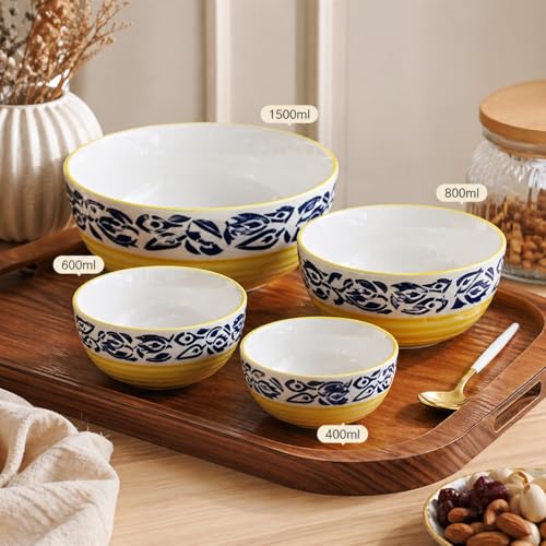 Image of Ceramic Mixing Bowl Set - 4 Pieces (1500ml, 800ml, 600ml, 400ml), Blue Flower Yellow - Durable, Microwave & Dishwasher Safe - Ideal for Mixing, Serving & Storage