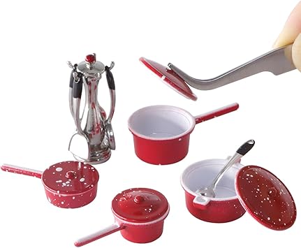 iLAND 1/12 Scale Accessories of Dollhouse Kitchen, Dollhouse Miniatures Cooking Set, Mini Metal Pots & Pans & Turners w/Stand