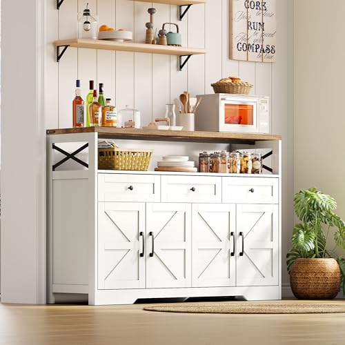 Generisch Aparador buffet de 140 cm, estilo rústico, con 3 cajones y armarios, armario multifunción para cocina, salón, vestíbulo, color blanco/marrón rústico (140 x 35 x 95 cm)