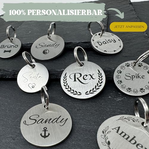 ROGGS Hundemarke mit Gravur – personalisierte Hundemarken Edelstahl rund – Dog Tag Namensschild Hund für Halsband, Adressanhänger beidseitig inkl. QR Code für Hunde, Katzen, Welpen (25mm)