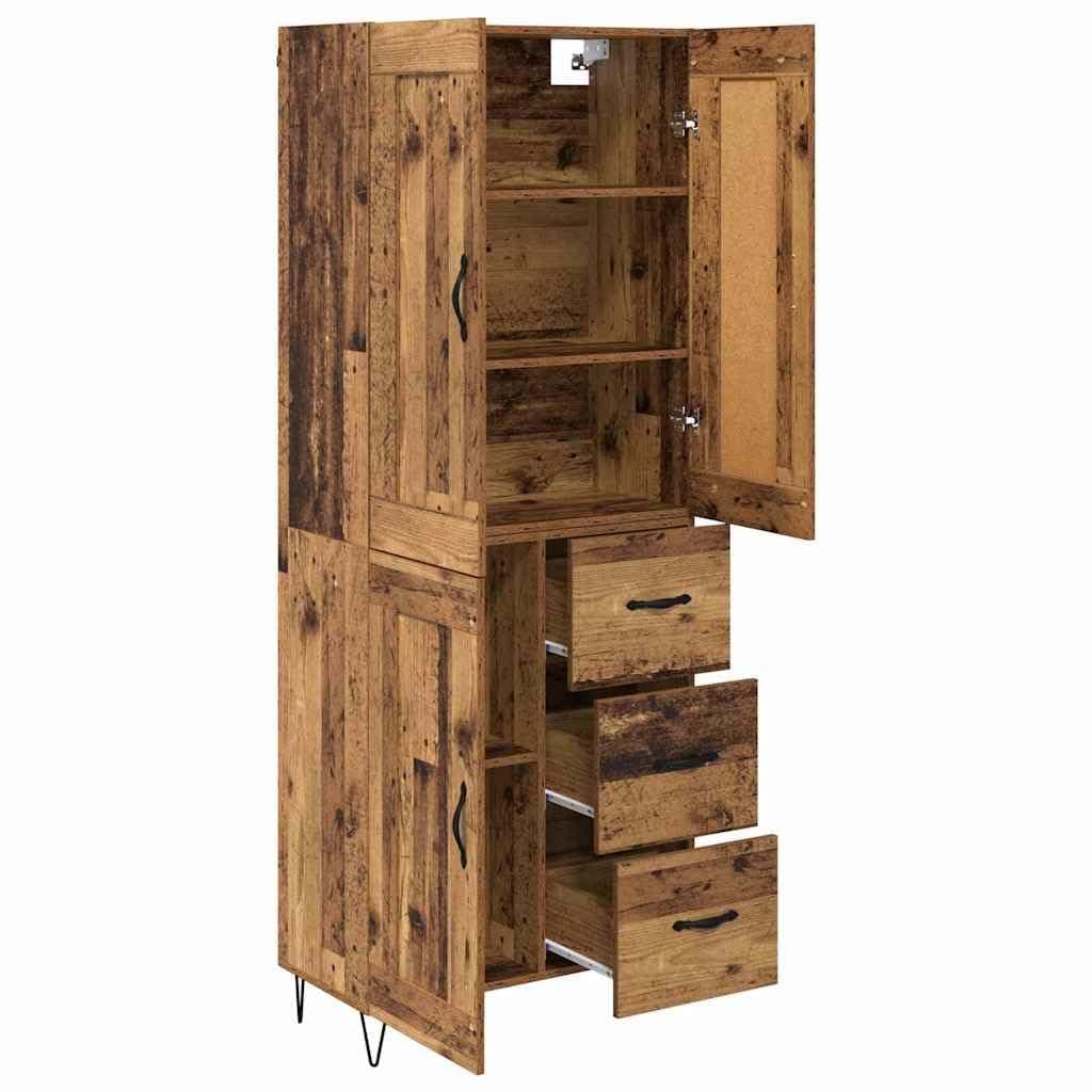 Komoda z drewna starego drewna, 69,5 x 34 x 180 cm, komoda z szufladą i 3 drzwiami, nowoczesna szafka do kuchni i jadalni, wszechstronne miejsce do przechowywania, łatwa w pielęgnacji i łatwa