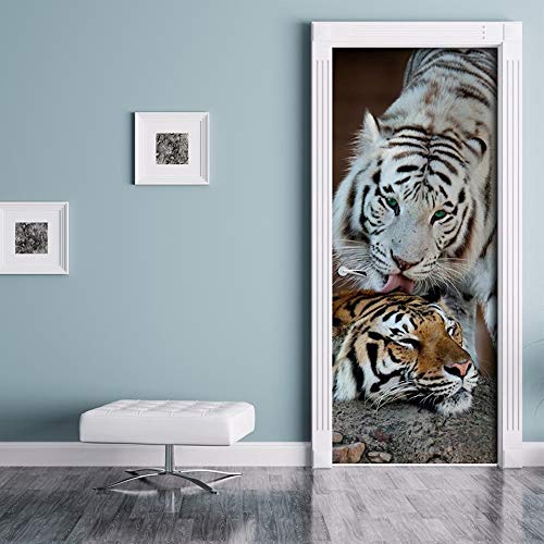 WJDJT Pegatinas De Puerta En 3D Tigre Animal Feroz Blanco 88X200Cm Pvc Adhesivo Fotográfico Pegatina Vinilos Decorativos Para Puerta Pared Cocina Dormitorio Sala De Baño Art Decoración Del Hogar Cover