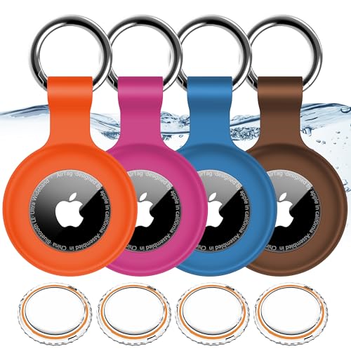 Image of 1|2|4Pack for Apple AirTag Holder,for Air Tag 2nd &1st Genaretion,Waterproof GPS Tracker Air Tag Keychain with Cover Anti-Scratch Silicone for Air-Tag Case for Pets,Kids-Blue+Brown+Orange+Rose Red